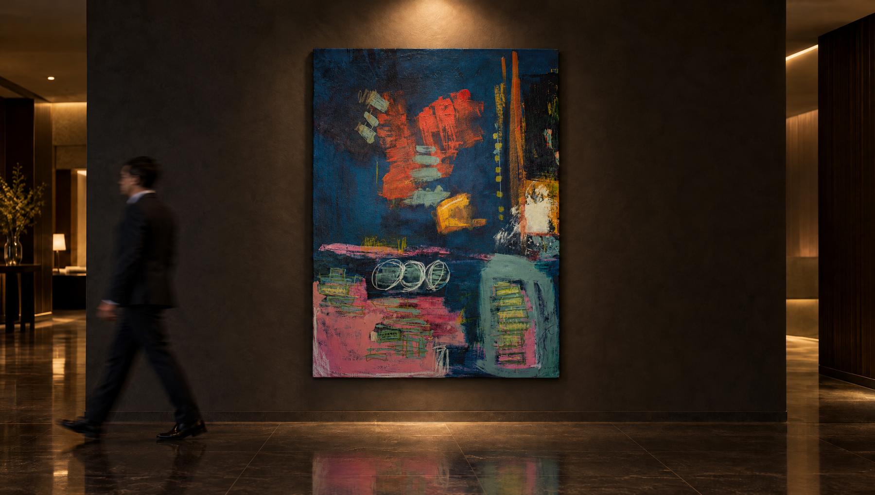 Deeper, a 70 by 50 inch abstract painting by Yvonne Stevenson, shown in a hotel corridor