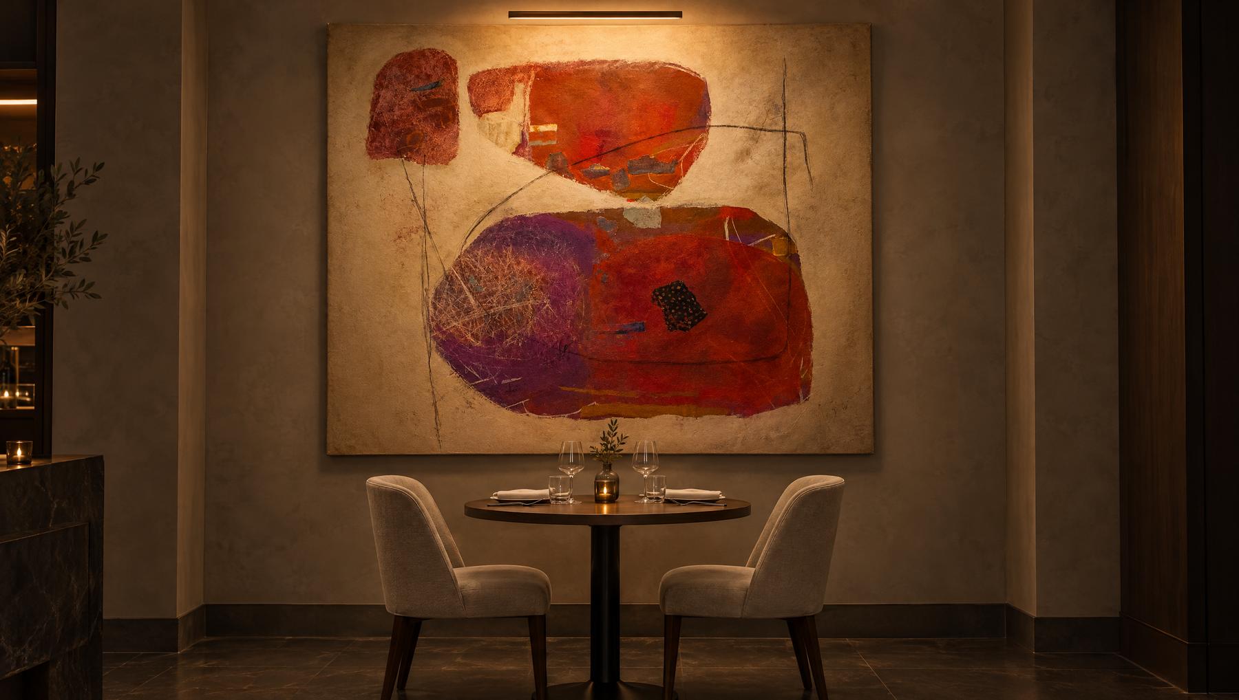 Ember, a 80 by 80 inch abstract painting by Yvonne Stevenson, shown in a private dining