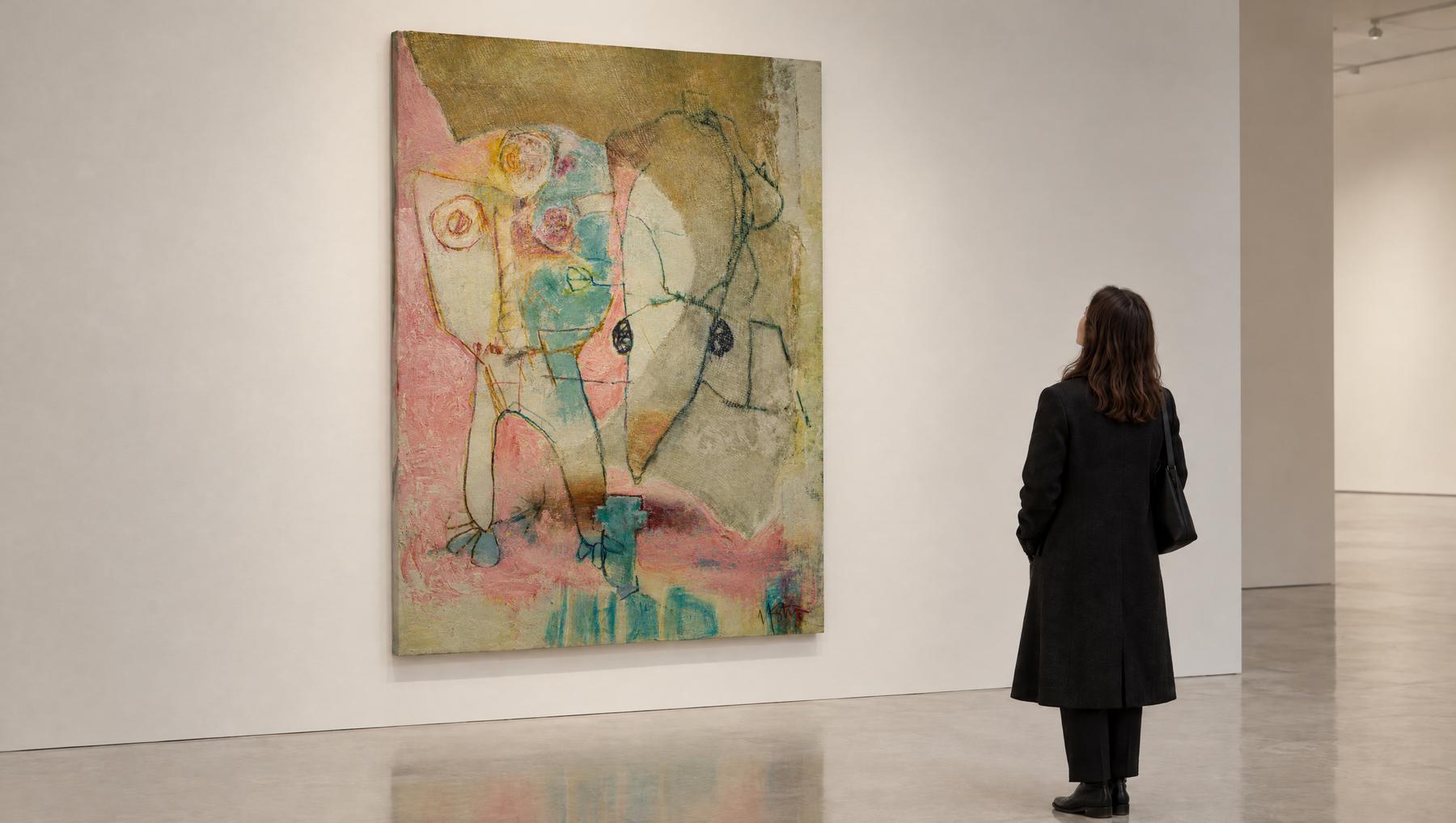 Grater, a 70 by 50 inch abstract painting by Yvonne Stevenson, shown in a museum gallery