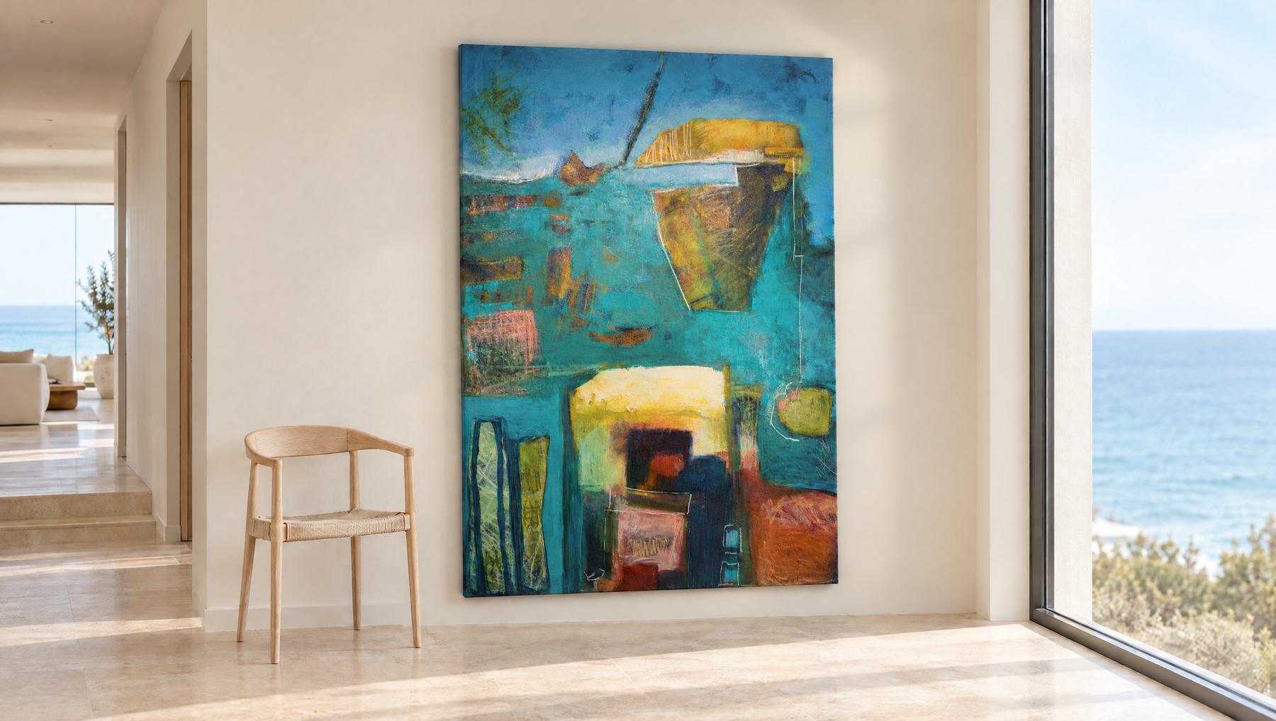 Lagoon, a 70 by 50 inch abstract painting by Yvonne Stevenson, shown in a coastal hallway