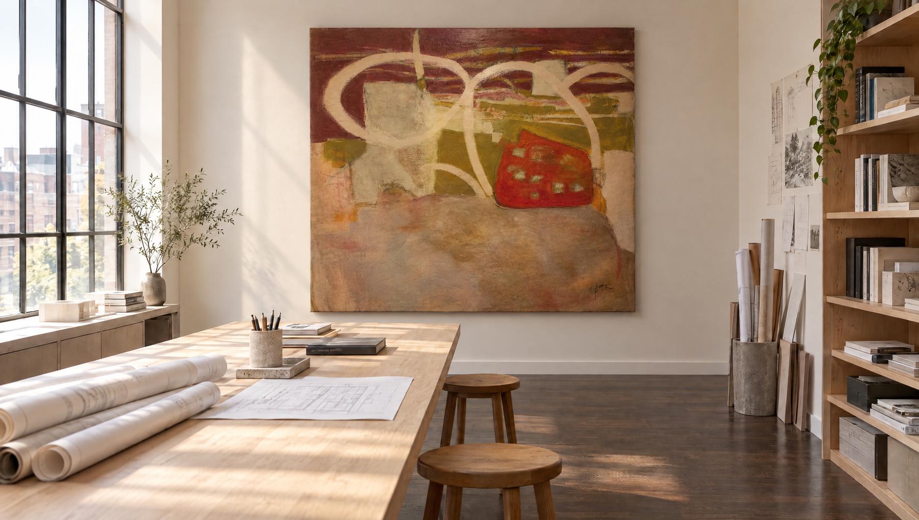 Loop, a 80 by 80 inch abstract painting by Yvonne Stevenson, shown in a architect's studio