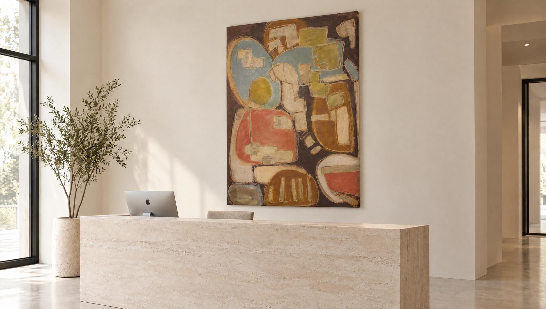 Novel, a 70 by 50 inch abstract painting by Yvonne Stevenson, shown in a studio reception