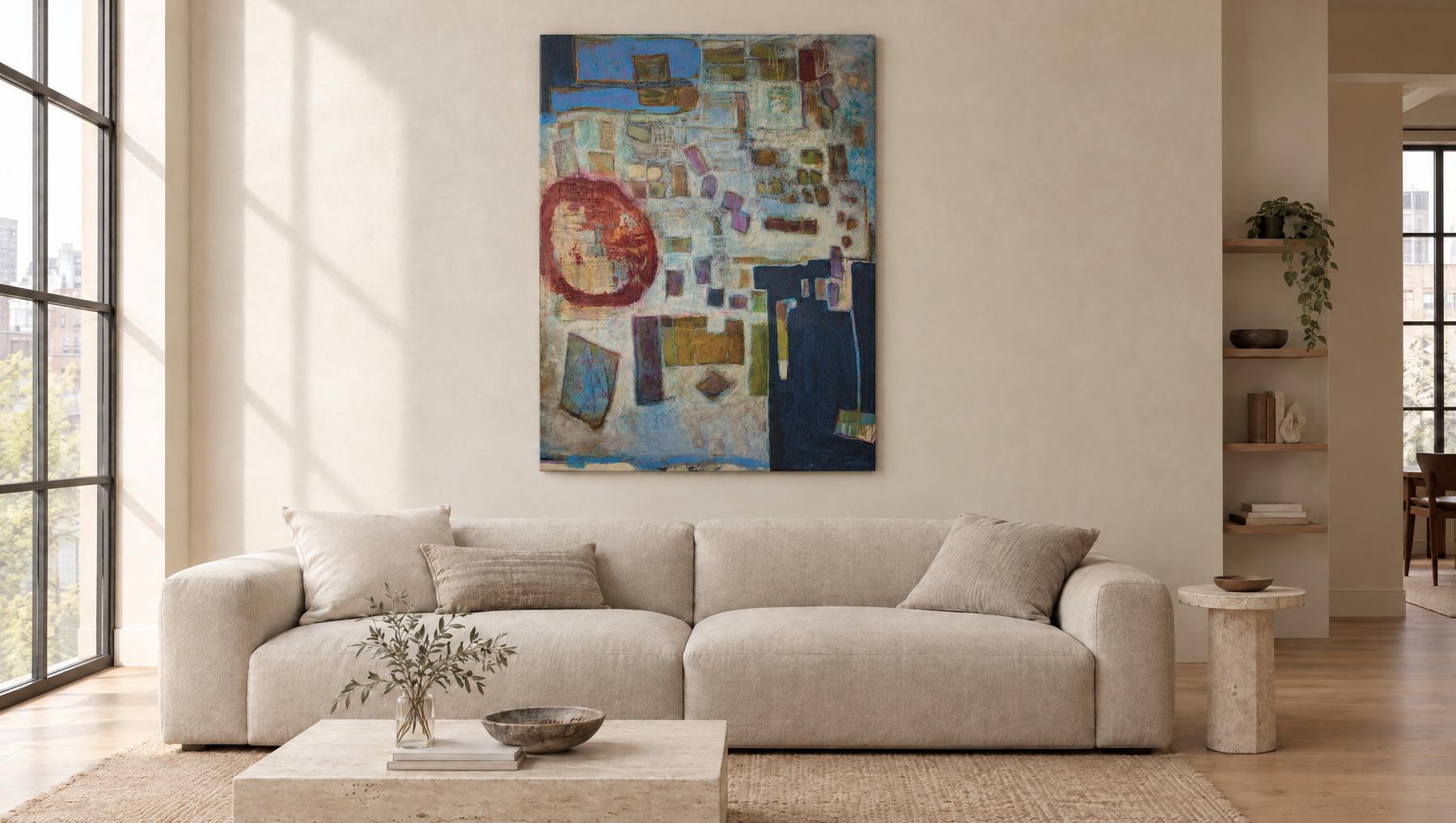 Orange Ridge, a 70 by 50 inch abstract painting by Yvonne Stevenson, shown in a loft living room