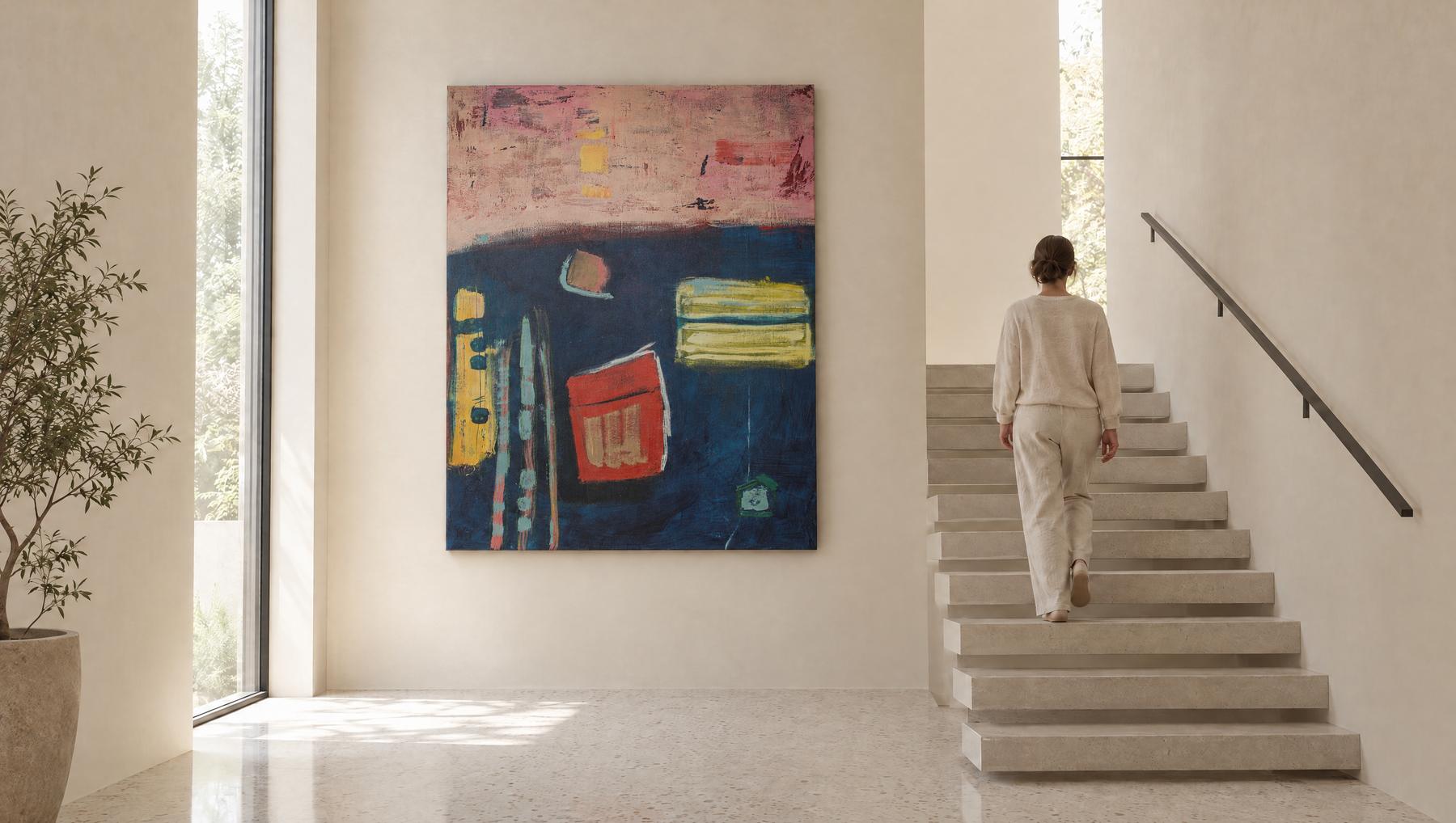Pier, a 70 by 50 inch abstract painting by Yvonne Stevenson, shown in a stairwell landing