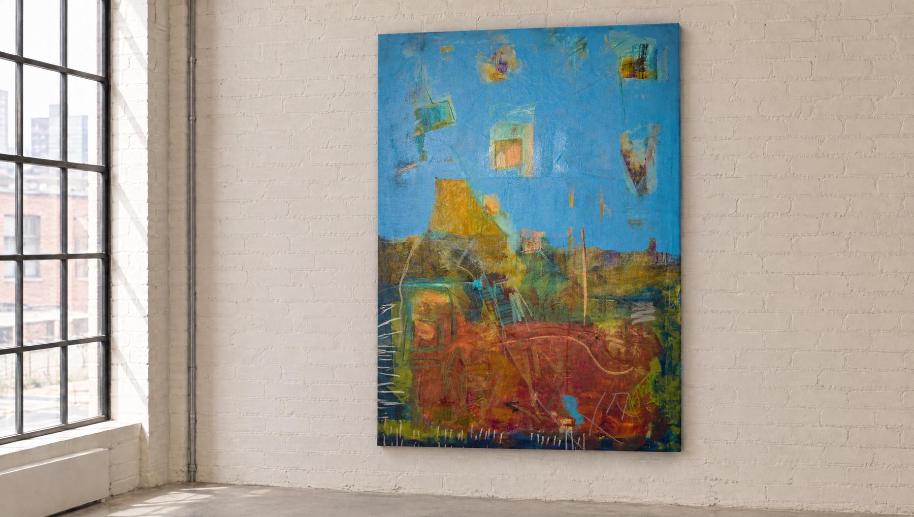 Revival, a 70 by 50 inch abstract painting by Yvonne Stevenson, shown in a warehouse gallery