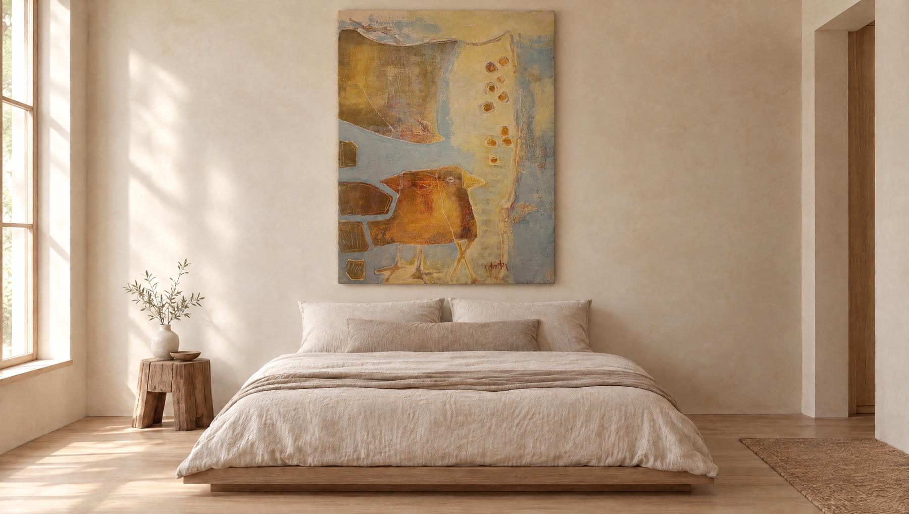 Solitudes, a 70 by 50 inch abstract painting by Yvonne Stevenson, shown in a bedroom