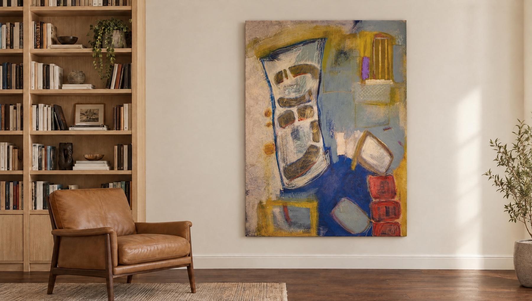 Well-Formed, a 70 by 50 inch abstract painting by Yvonne Stevenson, shown in a collector's library